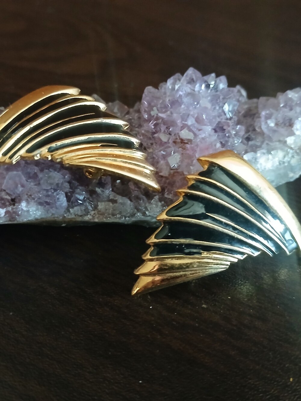 vintage GIVENCHY gold & black fan clip earrings